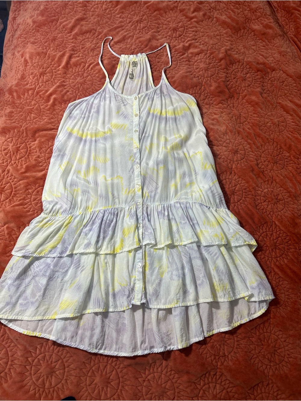 Free People White Tie-Dye Tiered Ruffle Sundress with Yellow Accents